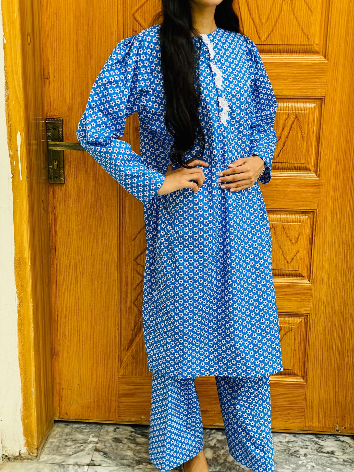 Blue Cambric Floral Suit